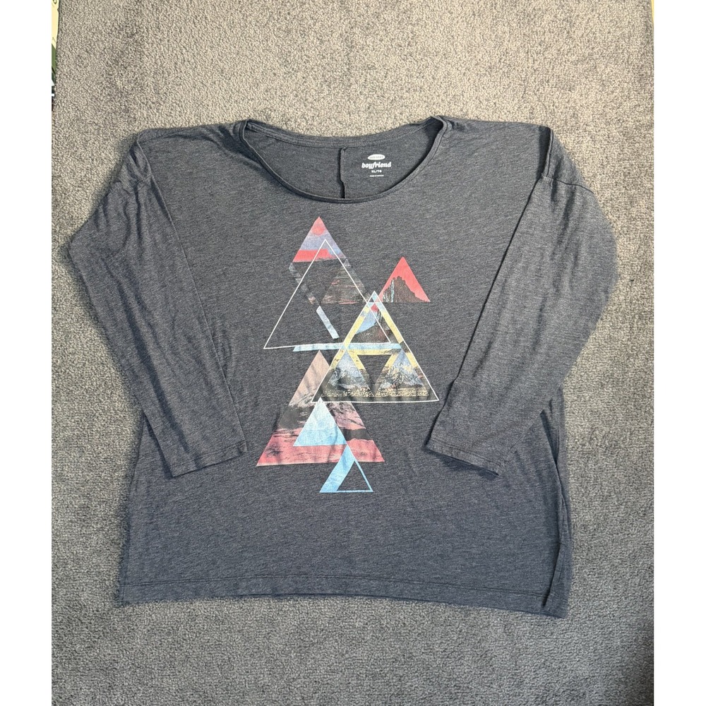 Old Navy Boyfriend Gray Graphic Long Sleeve Tee Mountain Geometric XL